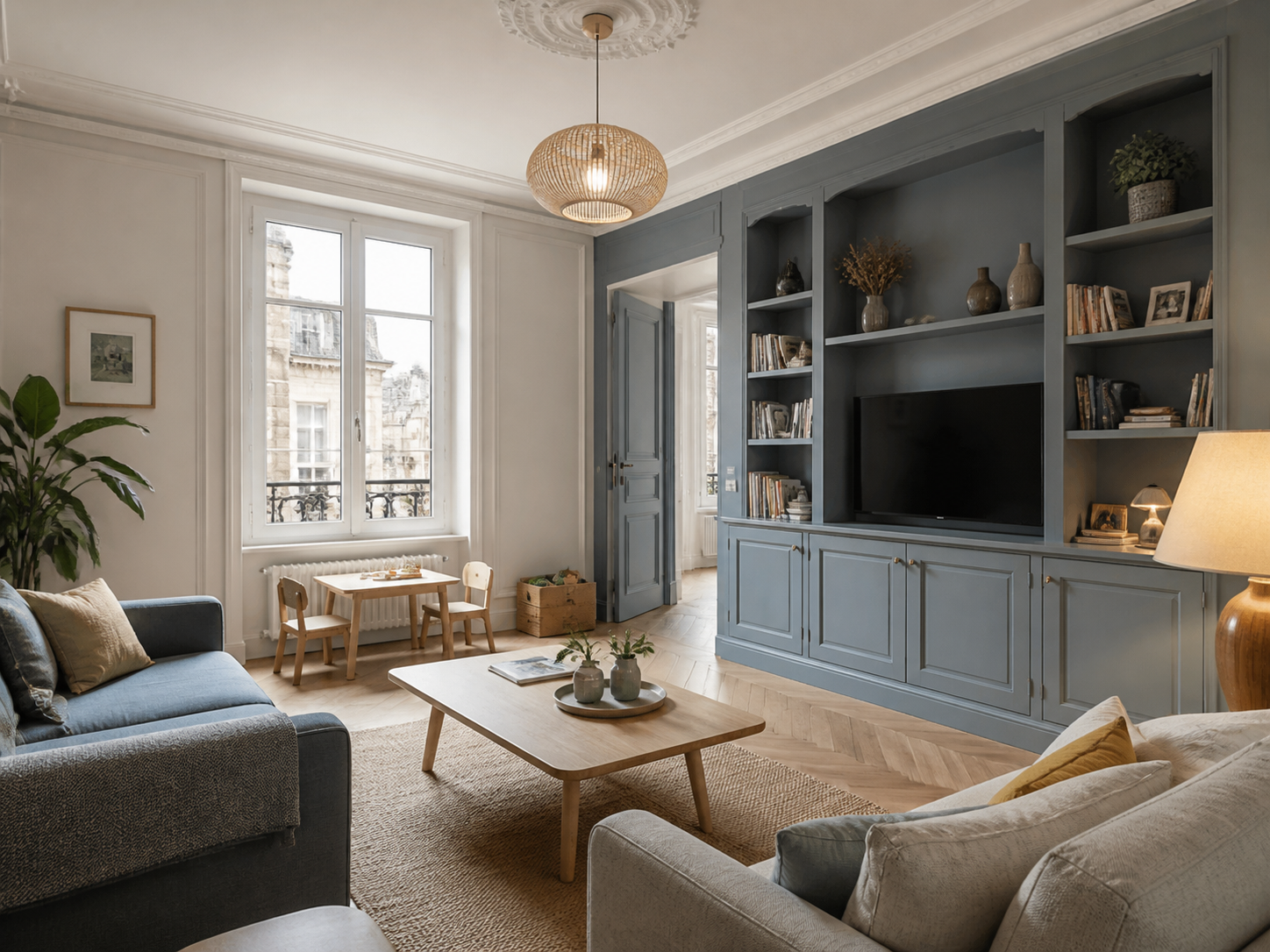 Salon rennais rénové en bleu gris